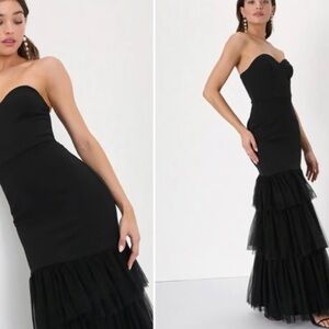 Lulus Dramatic Fanatic Black Strapless Tulle Trumpet Maxi Dress Med